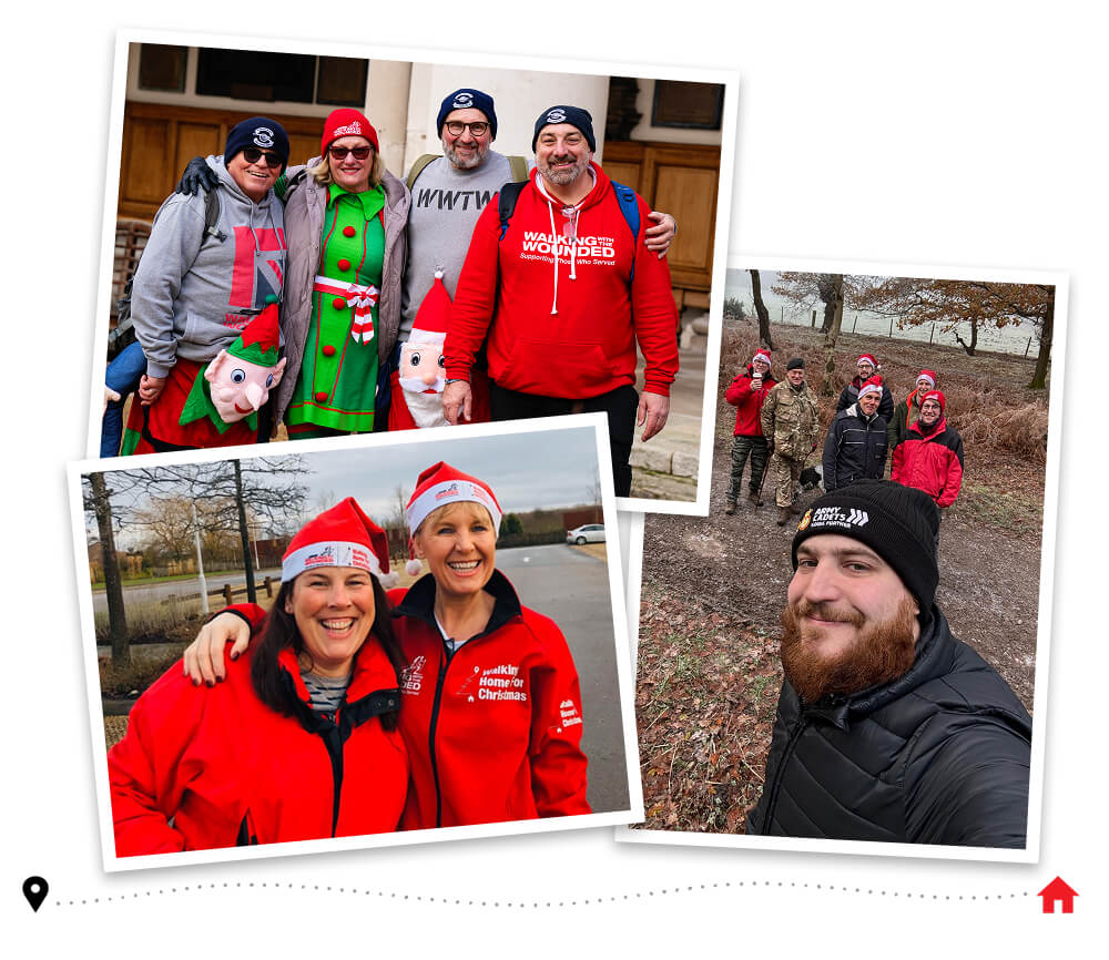 3 different images of groups of Walking Home For Christmas participants