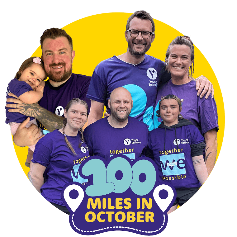 Yellow circle with cut our images of 100 Mile in October participants.