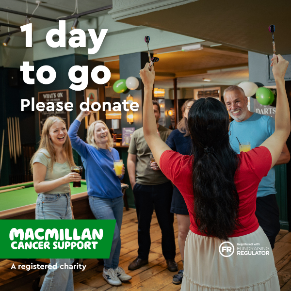Group of friends cheering in pub over the darts with text reading “1 day to go, Please donate.” Macmillan Cancer Support charity logo and Fundraising Regulator symbol are displayed.