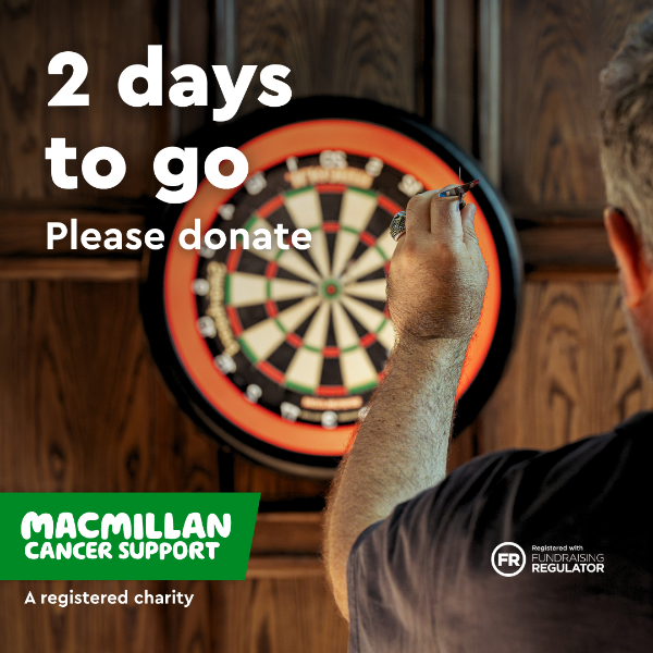 Man throwing dart at board with text reading “2 days to go, Please donate.” Macmillan Cancer Support charity logo and Fundraising Regulator symbol are displayed.