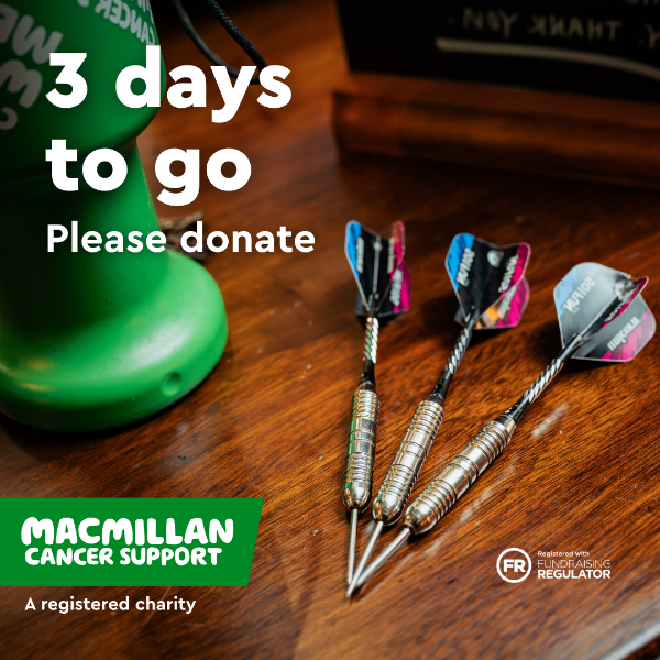 Three darts of wooden bench top with text reading “3 days to go, Please donate.” Macmillan Cancer Support charity logo and Fundraising Regulator symbol are displayed.