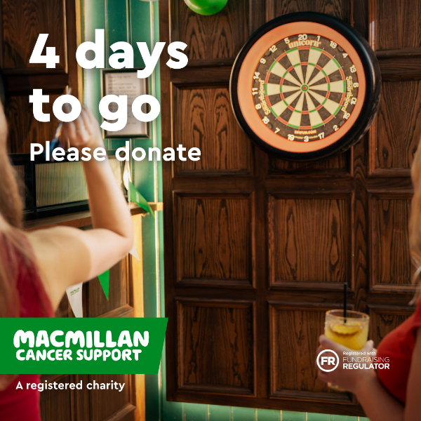 Arm aiming dart at the board with text reading “4 days to go, Please donate.” Macmillan Cancer Support charity logo and Fundraising Regulator symbol are displayed.