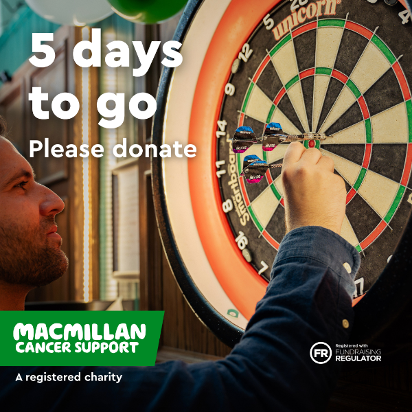 Hand taking darts out of dart board with text reading “5 days to go, Please donate.” Macmillan Cancer Support charity logo and Fundraising Regulator symbol are displayed.