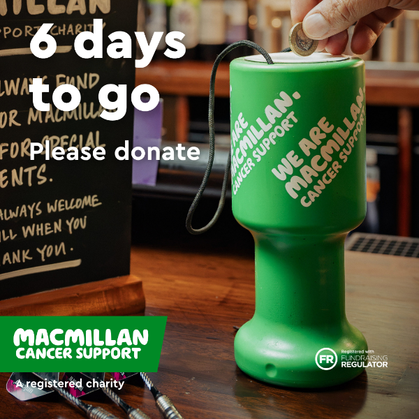 Green drinking tumblr on wooden table with text reading “6 days to go, Please donate.” Macmillan Cancer Support charity logo and Fundraising Regulator symbol are displayed.