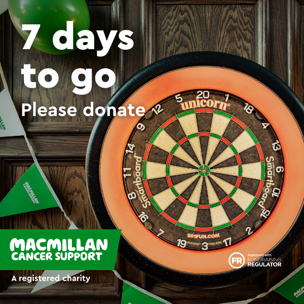 Dart board in a pub with text reading  “7 days to go, Please donate.” Macmillan Cancer Support charity logo and Fundraising Regulator symbol are displayed.
