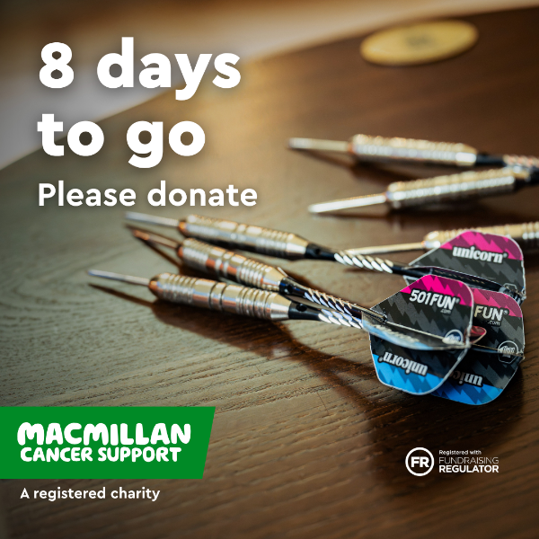 Four darts laying on a wooden surface. Text reads “8 days to go. Please donate.” Macmillan Cancer Support logo and charity information shown at the bottom.