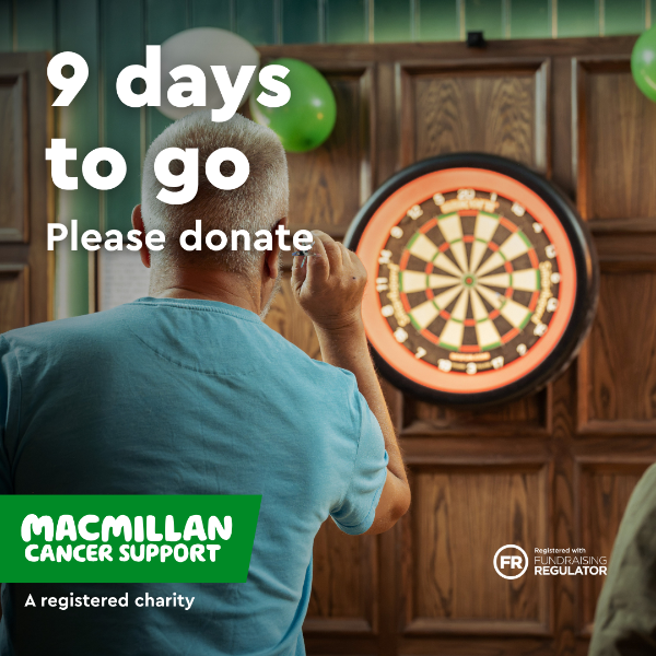 A man throwing darts with text reading “9 days to go, Please donate.” Macmillan Cancer Support charity logo and Fundraising Regulator symbol are displayed.