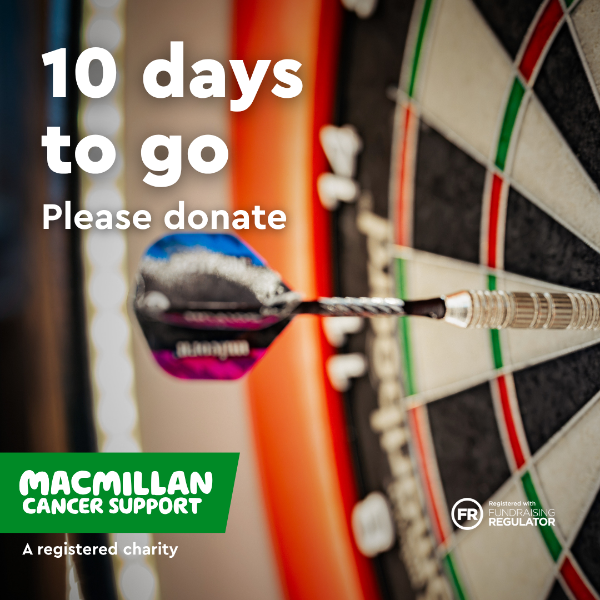 Close up of a dart in a board with text reading “10 days to go, Please donate.” Macmillan Cancer Support charity logo and Fundraising Regulator symbol are displayed.