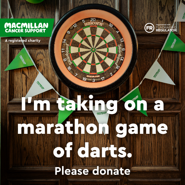 Dart board in a pub with green and white flag banner around it. Text reading 